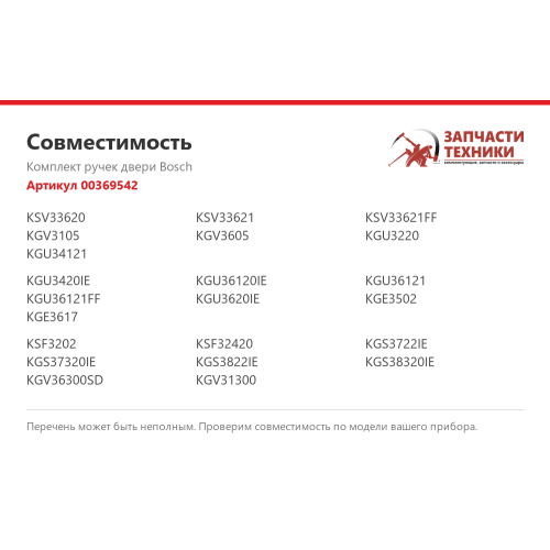 Ручка двери Bosch 00369542 для холодильника, комплект 2 шт