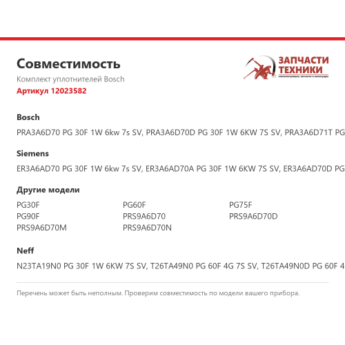 Комплект уплотнителей 12023582 для газовых варочных панелей Bosch, Siemens, Neff