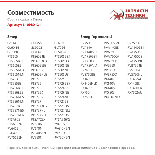 Свеча поджига 810930121 для газовых варочных панелей Smeg