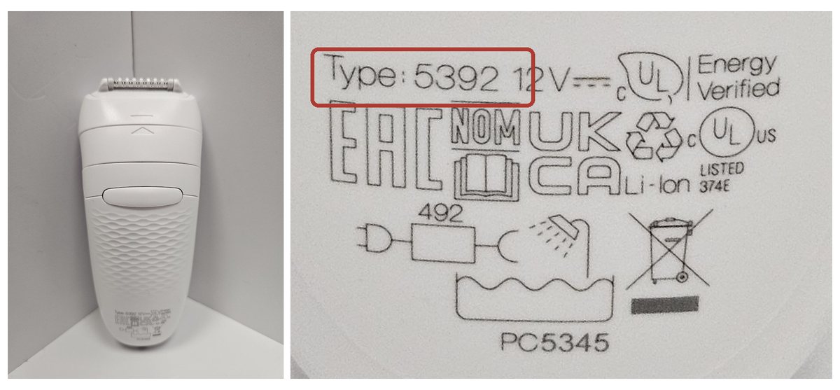 Эпилятор Braun: Type (здесь 5392) на задней стенке корпуса, у основания.