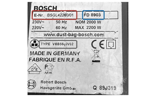 Табличка пылесоса Bosch BSGL42200: E-Nr, FD и Type